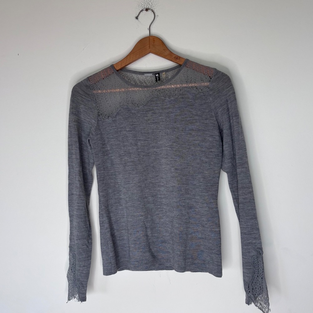 Elie Tahari Bergdorf Luxury 100% Merino Wool Lace Gray Sweater Size XS